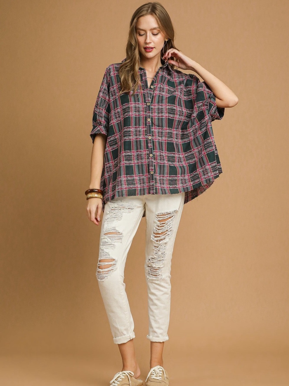 Umgee Britt Plaid Oversized Dolman Sleeve Button Down Blouse Large